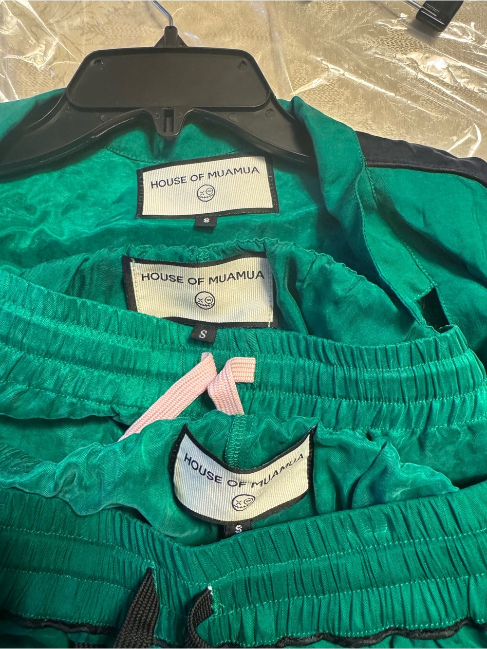 RARE House of Mua Mua Washable 100% Silk Pajama Set 3pc Green Pink Black S